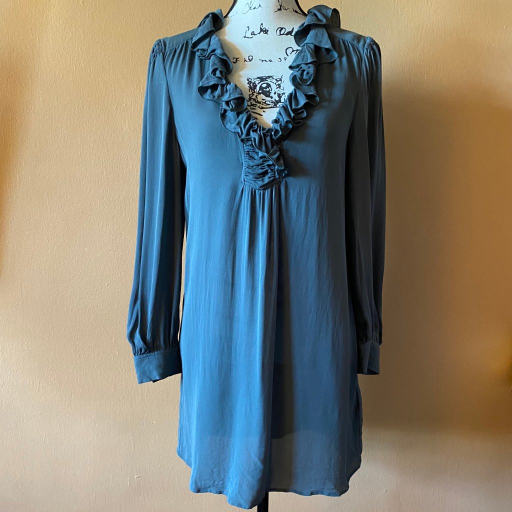 Joie Silk V Neck Ruffle Long Sleeve Dress